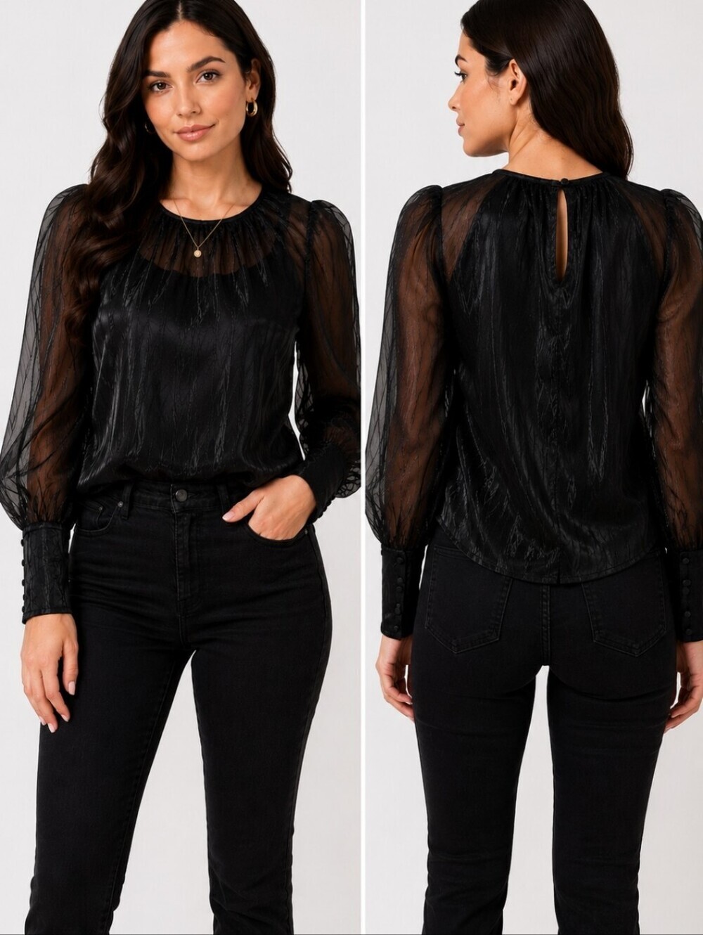 Express Sheer Organza Puff Sleeve Blouse XS Black Office Siren Goth Chic